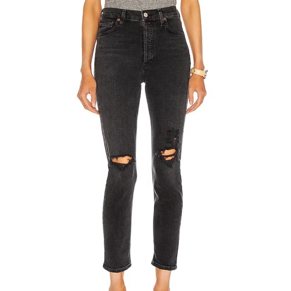 AGOLDE Nico High Rise Slim in Black Distressed Knees sz 26
